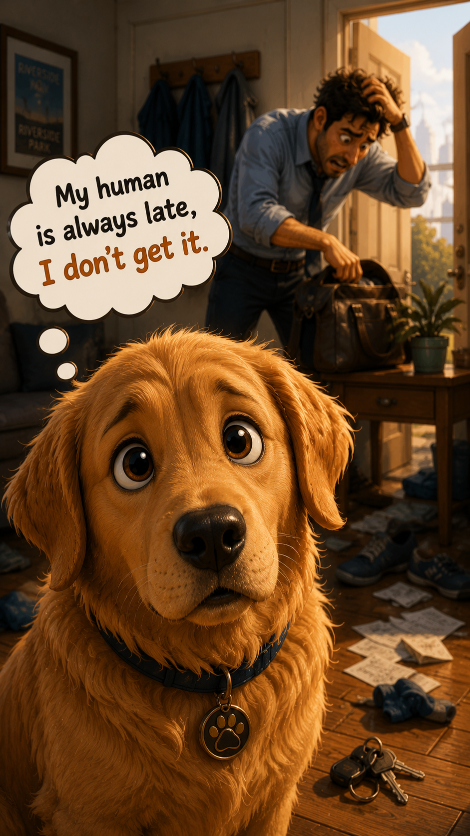 Charlie the dog watching his human rush out the door