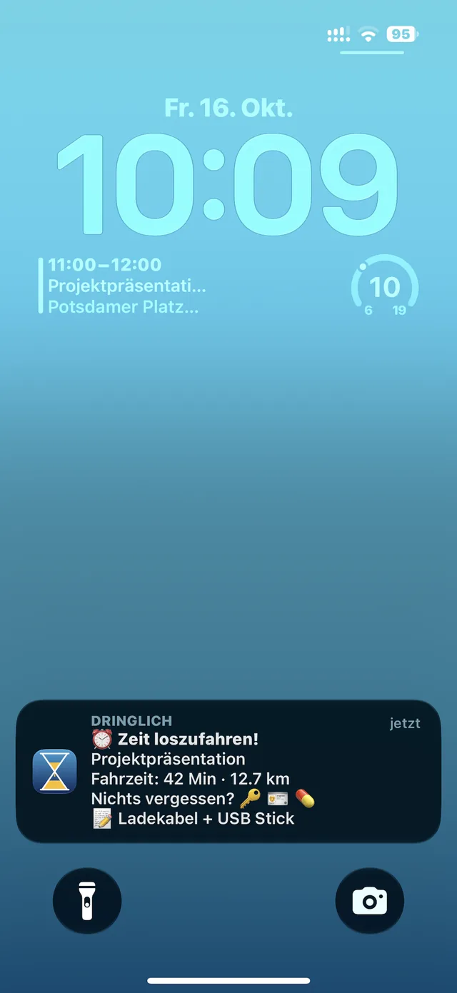 Erinnerung „Zeit loszufahren!“ auf dem Sperrbildschirm