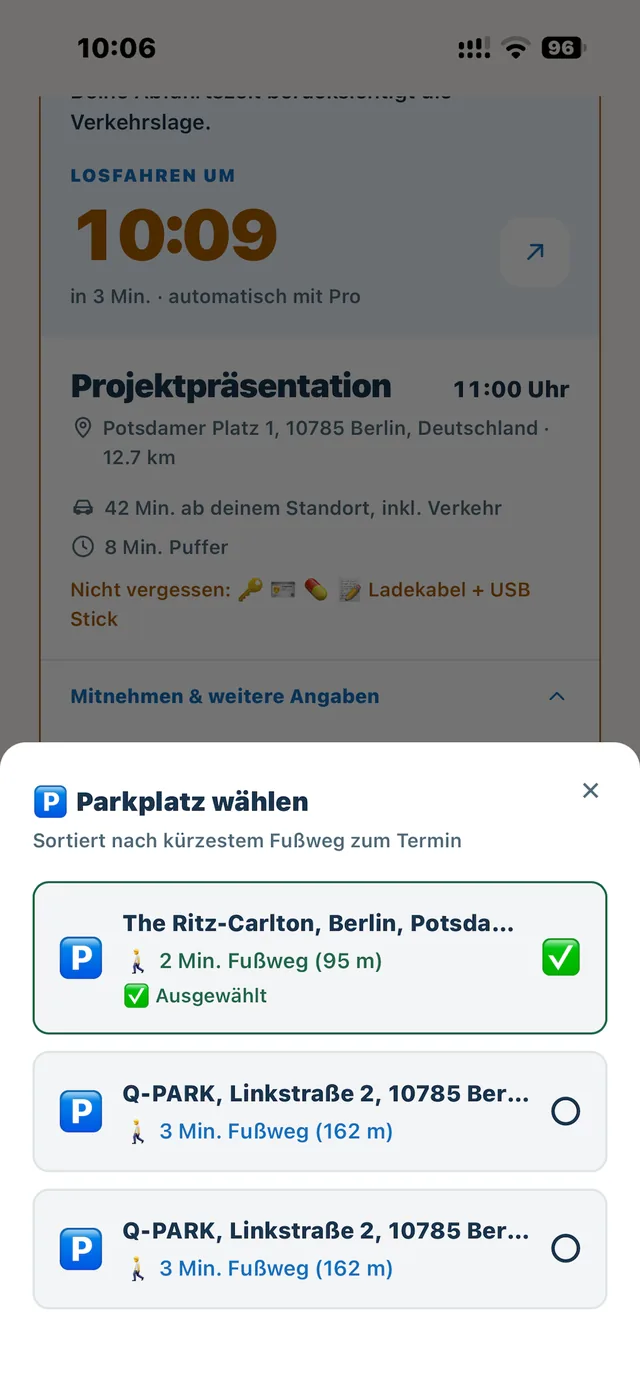 Parkplatz wählen, sortiert nach Fußweg