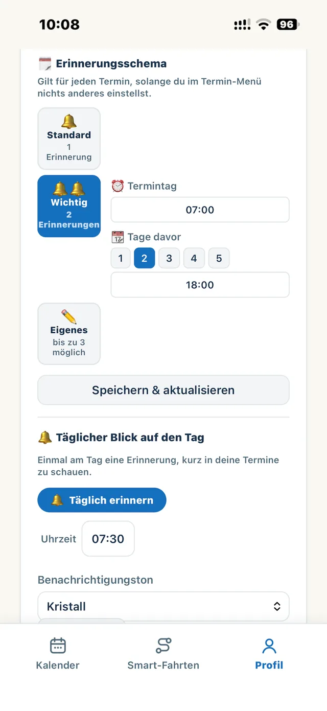 Erinnerungsschema: Standard, Wichtig oder Eigenes